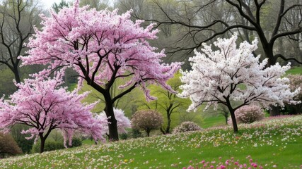 Enchanted spring meadow garden with blooming trees and copy space in center round frame, magic, background