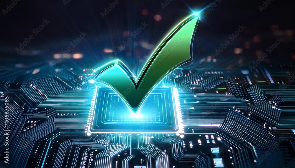 Poster a glowing green checkmark over a futuristic circuit board symbolizes verification and technology in 