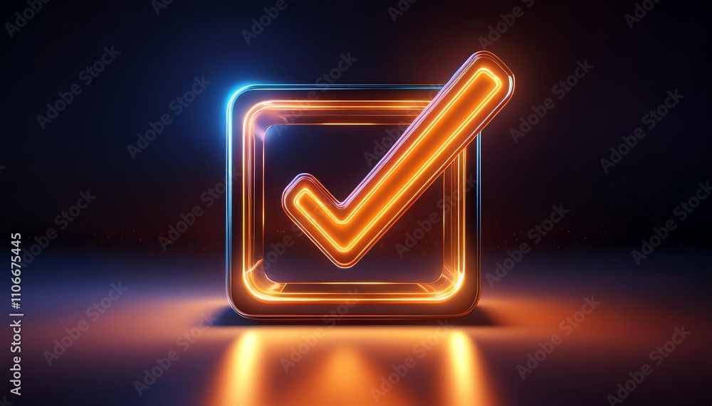 Poster a glowing, neon checkbox with a check mark, set against a dark background, symbolizing confirmation 