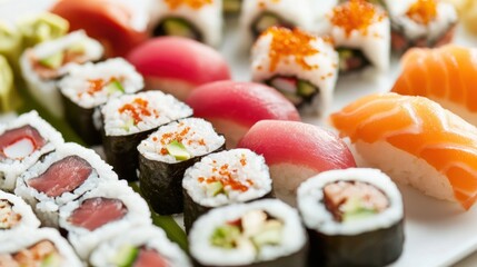 A platter of assorted sushi rolls featuring tuna, salmon, and avocado