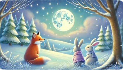 Whimsical Winter Night: Two Rabbits and a Fox Gazing Peacefully into a Moonlit Snowy Horizon in Pastel Hues