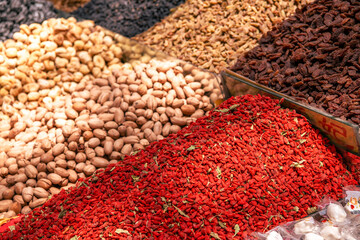 Dried raisins and nuts in close up in the International Grand Bazaar Xinjiang, Urumqi, China