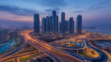 Stunning Aerial View of Urban Cityscape at Twilight with Highways