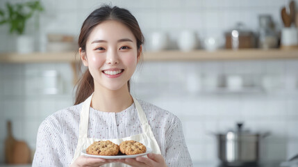 Korean woman grabbing eating cookies at kitchen, enjoy family tradition