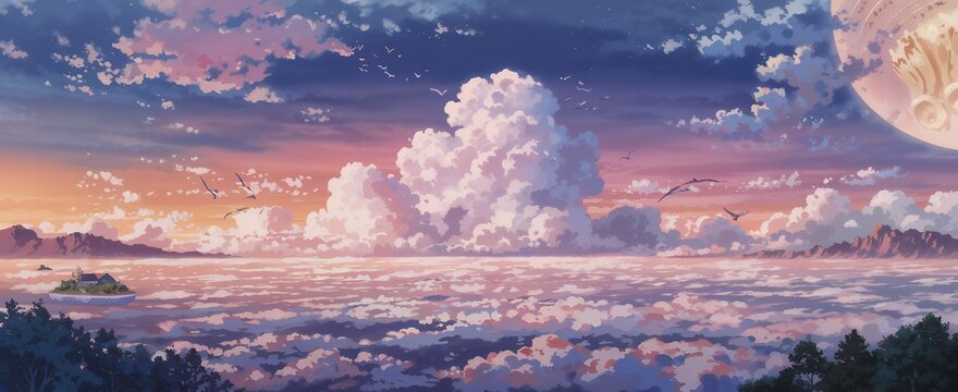 Serene Sunset Landscape:  Island in a Sea of Clouds with Majestic Mountains and Flying Birds