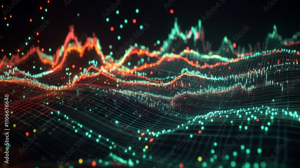 Aufkleber abstract digital waves with colorful particles and glowing lines