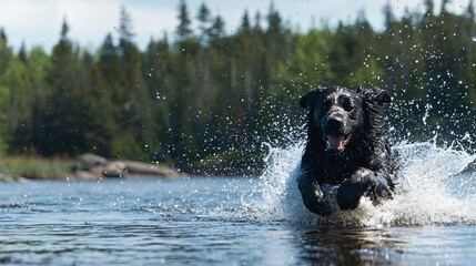 Black Labrador Retriever Running Through Water, Energetic Dog in Nature