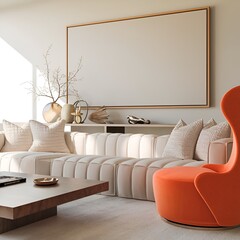 Trendy Living Room with Curvy Sofa and Orange Chair