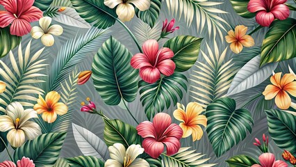 Fototapeta premium A vibrant, tropical floral pattern featuring a medley of colorful hibiscus and other exotic blooms interspersed with lush, textured foliage.