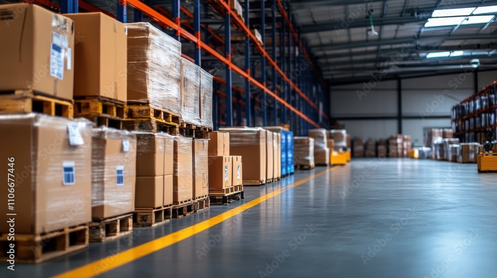 Poster stacked cardboard boxes on pallets inside a spacious warehouse with organized shelves and clean floo