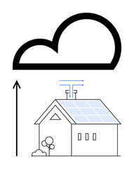 House with solar panels beneath a cloud symbol, representing sustainable energy. Ideal for themes renewable energy, smart technology, environmental impact, innovation, future homes, eco-friendly