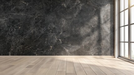 Minimalist Dark black granite quartz stone wall empty room interior blank wall background or backdrop with window light shadows for online presentations webinars and virtual meetings teams video call