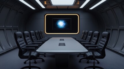 Naklejka premium Modern Conference Room Design with Futuristic Technology Elements