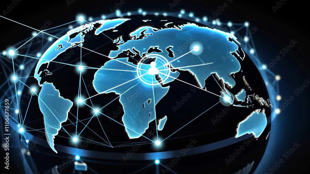 Poster Visual representation of global connectivity and technology advancements across continents with vibrant network patterns