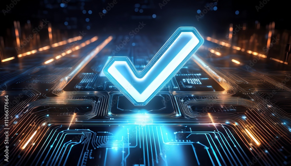 Poster a glowing checkmark symbolizing validation and success on a digital circuit background, representing