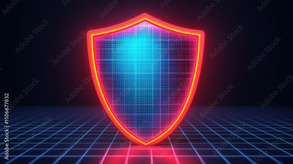 Poster digital shield icon with neon glow on grid background