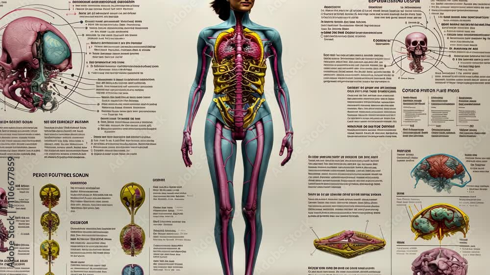 Poster Detailed anatomical illustration highlighting the human body’s structure and systems in vibrant color displaying various features and functions
