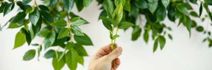 Hand holding green plant against white wall with leafy plant in background, eco-friendly, modern