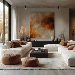  Minimalist home interior design of modern living room. Contemporary room with large windows, white sofas, a sleek black coffee table, and minimalist decor in neutral tones. 