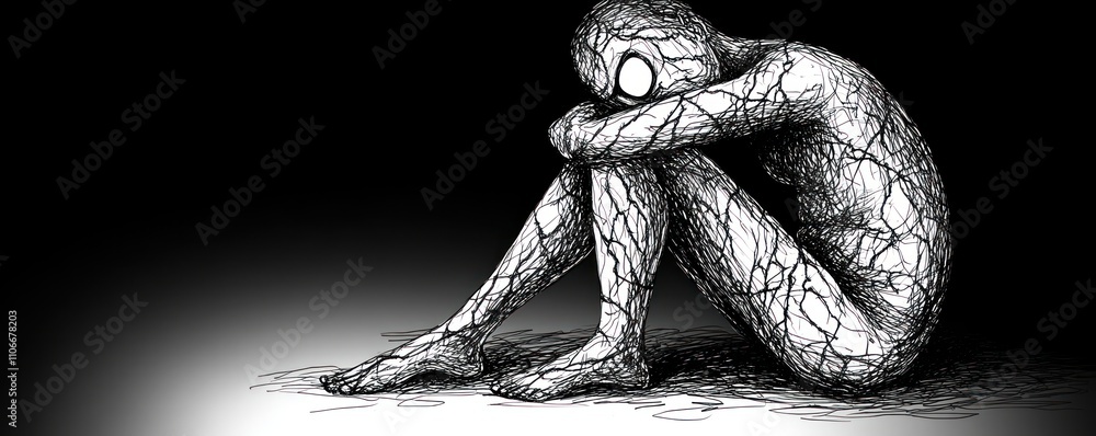Poster a figure sits curled up in a dark space, conveying feelings of isolation and introspection.