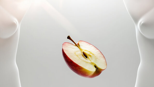 AI generative. Close up of sliced aple floating in the air with white background. 3