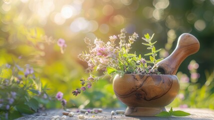 A wooden mortar with a selection of medicinal herbs on the table on a bright sunny day