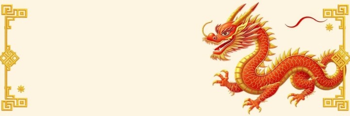 Fototapeta premium Illustration of a majestic Chinese dragon in traditional red and gold colors, representing power and good fortune, China, red