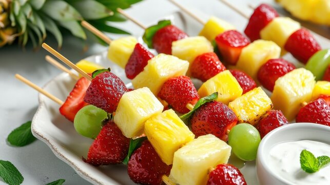 A platter of colorful fruit kabobs featuring pineapple, strawberries, and grapes