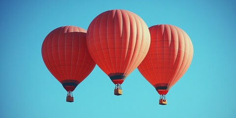 Obraz premium three striking red hot air balloons gracefully floating in a bright, cloudless blue sky,for use as a backdrop for banners, advertisements, or cards promoting adventure and exploration