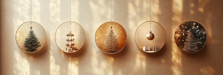 Fototapeta premium golden tone Christmas ornaments in circular enclosure hanging on panoramic background, for festive banners and holiday card designs