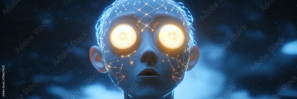 Poster a stylized character with glowing eyes and a network pattern, evoking a futuristic theme.
