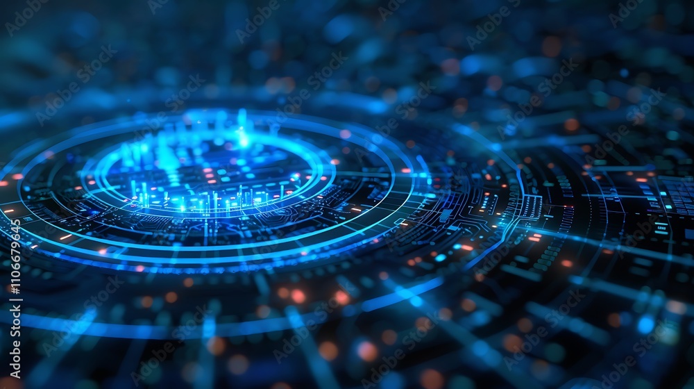 Poster abstract of a futuristic digital interface with glowing circuits and network connections