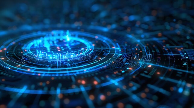 Abstract of a futuristic digital interface with glowing circuits and network connections