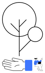 Tree with circles and lines, outstretched hand, person with laptop, blue accents. Ideal for nature, technology, connection, simplicity learning communication creativity. Line metaphor