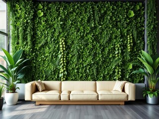 lush green plant wall in a modern interior setting with a focal large leafy green plant, vibrant, large
