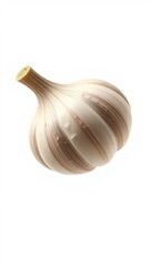 Fresh garlic clove with visible signs of ripeness and maturity, placed against a simple white background, ingredient, white, isolated, clove, surface