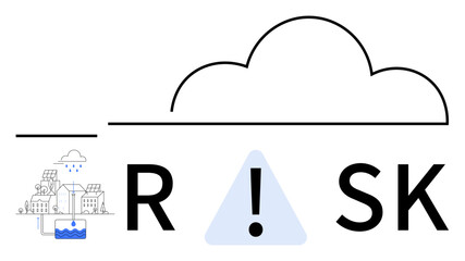 Text RISK with a cloud element, exclamation mark in a triangle, and industrial structures beneath a rain icon. Ideal for risk management, safety protocols, disaster planning, environmental concerns