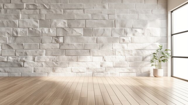 Minimalist White block brick stone empty room interior blank wall background or backdrop with plants window light shadows for online zoom presentations webinars and virtual meetings teams video call