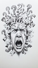 Obraz premium A distressed face surrounded by question marks, expressing confusion and frustration.