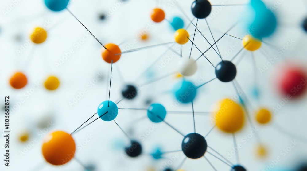 Poster colorful abstract molecular structure with various spheres and connections