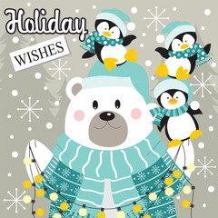 Christmas card design with cute polar bear and penguins