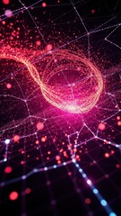 Fototapeta premium Swirling clouds of glowing particles suspended in space against a mesh background, particle effects, glowing particles, space
