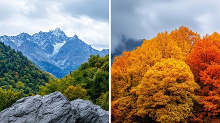 A stunning comparison of a mountainous landscape showcasing the vibrant hues of autumn foliage contrasted with the serene winter scene of snow-capped peaks.