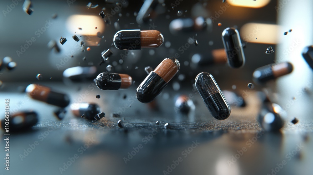 Poster explosive capsule release laboratory setting 3d animation digital environment close-up view health c