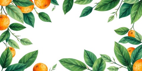 Orange fruit frame with vibrant green leaves surrounding a watercolor background, with a clean white space in the center perfect for writing, vibrant, artistic