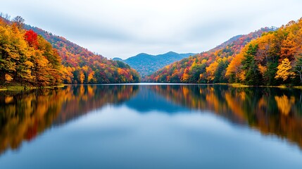 Fototapeta premium Captivating autumn reflections over a serene lake nature's scenic and peaceful landscape