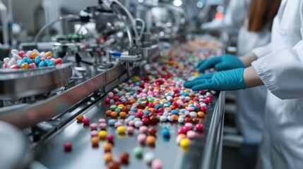 Fototapeta premium Candy production process factory industrial photography manufacturing environment close-up view quality control concept