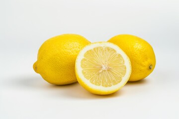 Two Whole Lemons and One Sliced Lemon on White Background.