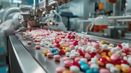 Obraz premium Pharmaceutical manufacturing process factory floor industrial equipment production line close-up quality control