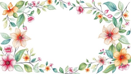 Fototapeta premium Pastel floral wreath frame with colorful leaves and flowers for white background, white space, natural